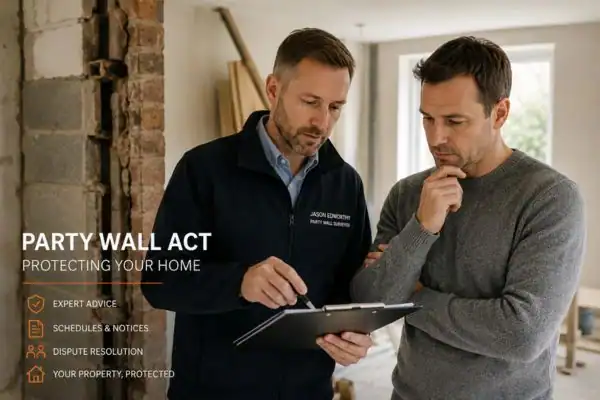 Party wall surveyor Bedfordshire discussing extension plans with homeowner outside a UK semi-detached house.